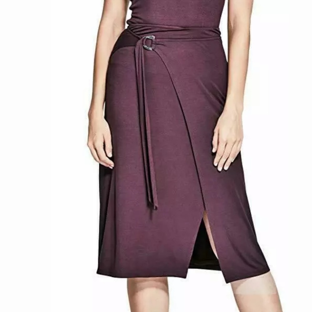 New Marciano Lily Wrap Midi Soft jersey Slit Stretch Burgundy Skirt 0 XS
